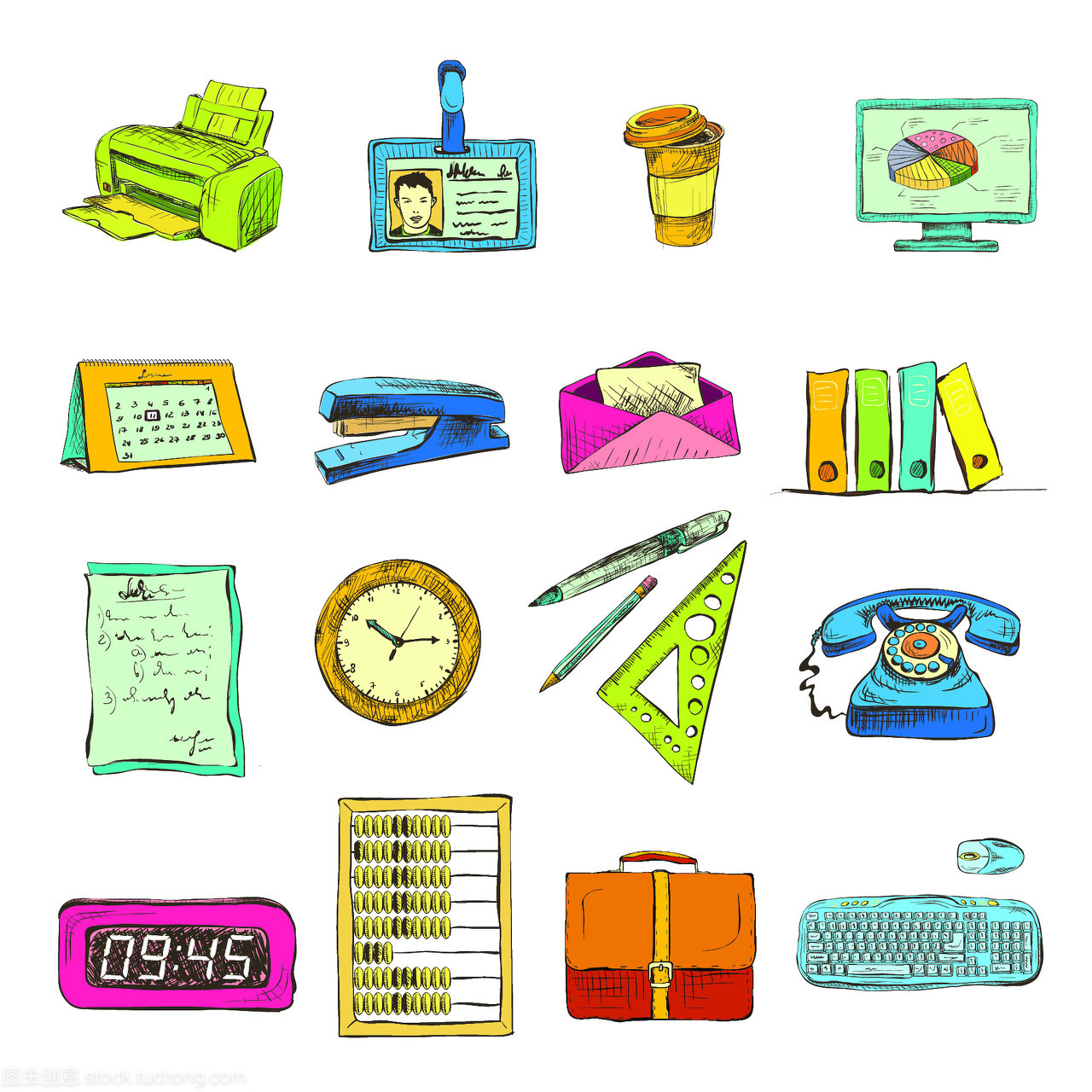 商务办公文具用品图标集电话订书机尺子和钢笔隔离色素描矢量图