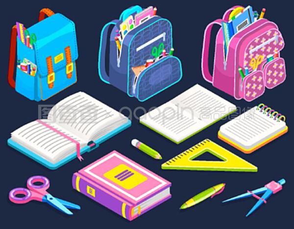 背景上放置文具的书包。打开的书和笔记本。矢量铅笔、钢笔、尺子和剪刀上有东西。回到学校概念。平面卡通等距3D。书包和文具,学校用品